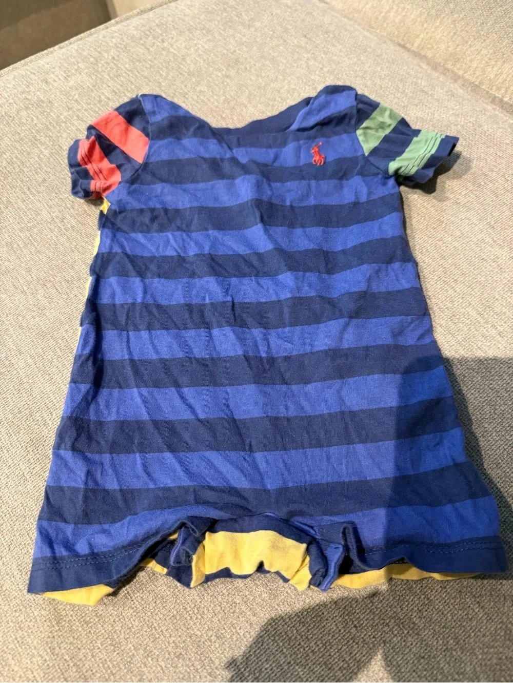 Ralph Lauren Kids Blue Striped Polo Romper with Colorblock Sleeves